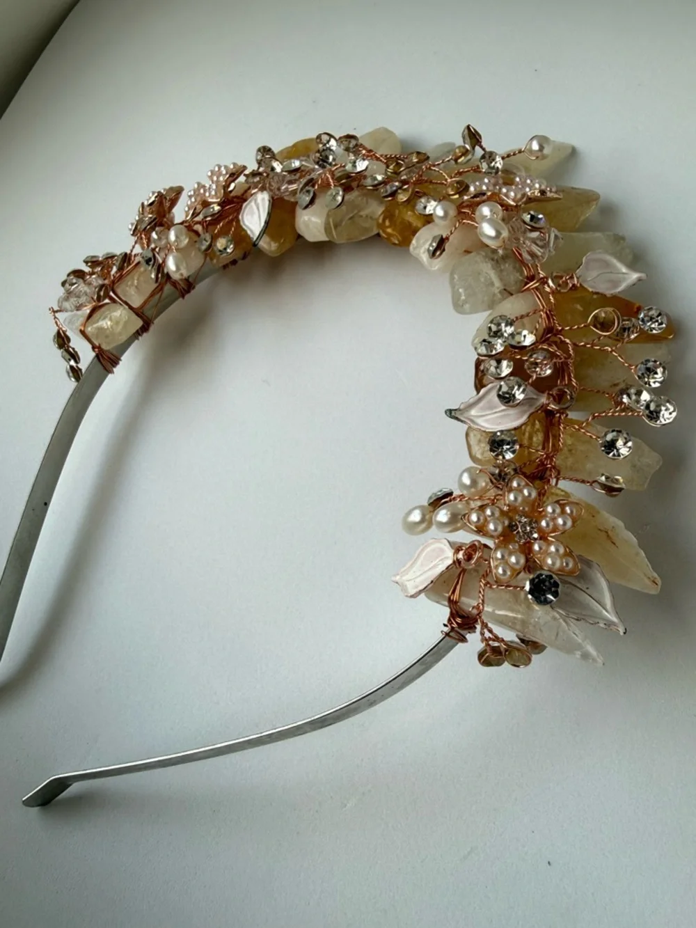 Crystal Crown Headband Rose Gold Wire Wrapped Quartz, Pearl & Rhinestone Tiara